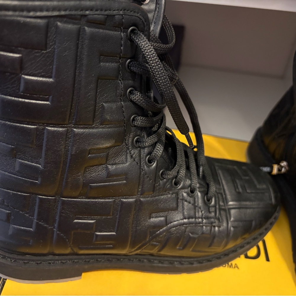 Fendi Black Embossed Leather Combat Boots - Picture 3 of 6